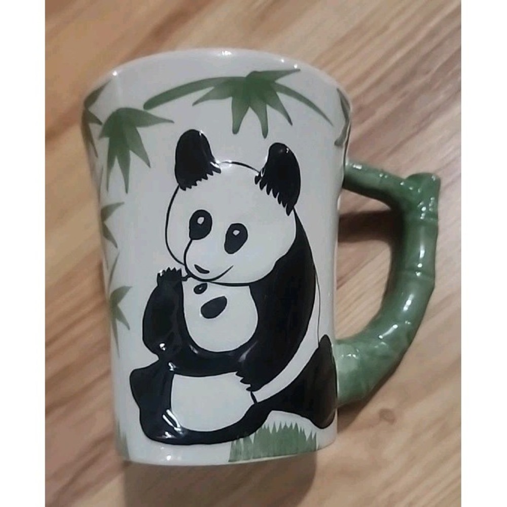 Pier 1 Panda Bear Bamboo Handle Raised 3D Coffee Mug 16 oz 4.75" Tall stoneware